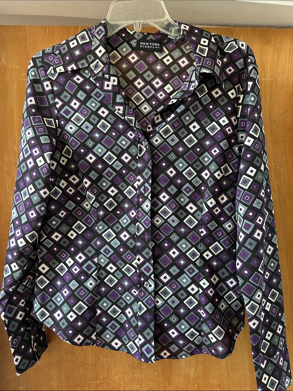 New York & Company Diamond Print Button-Up Blouse - Purple, Black & Gray